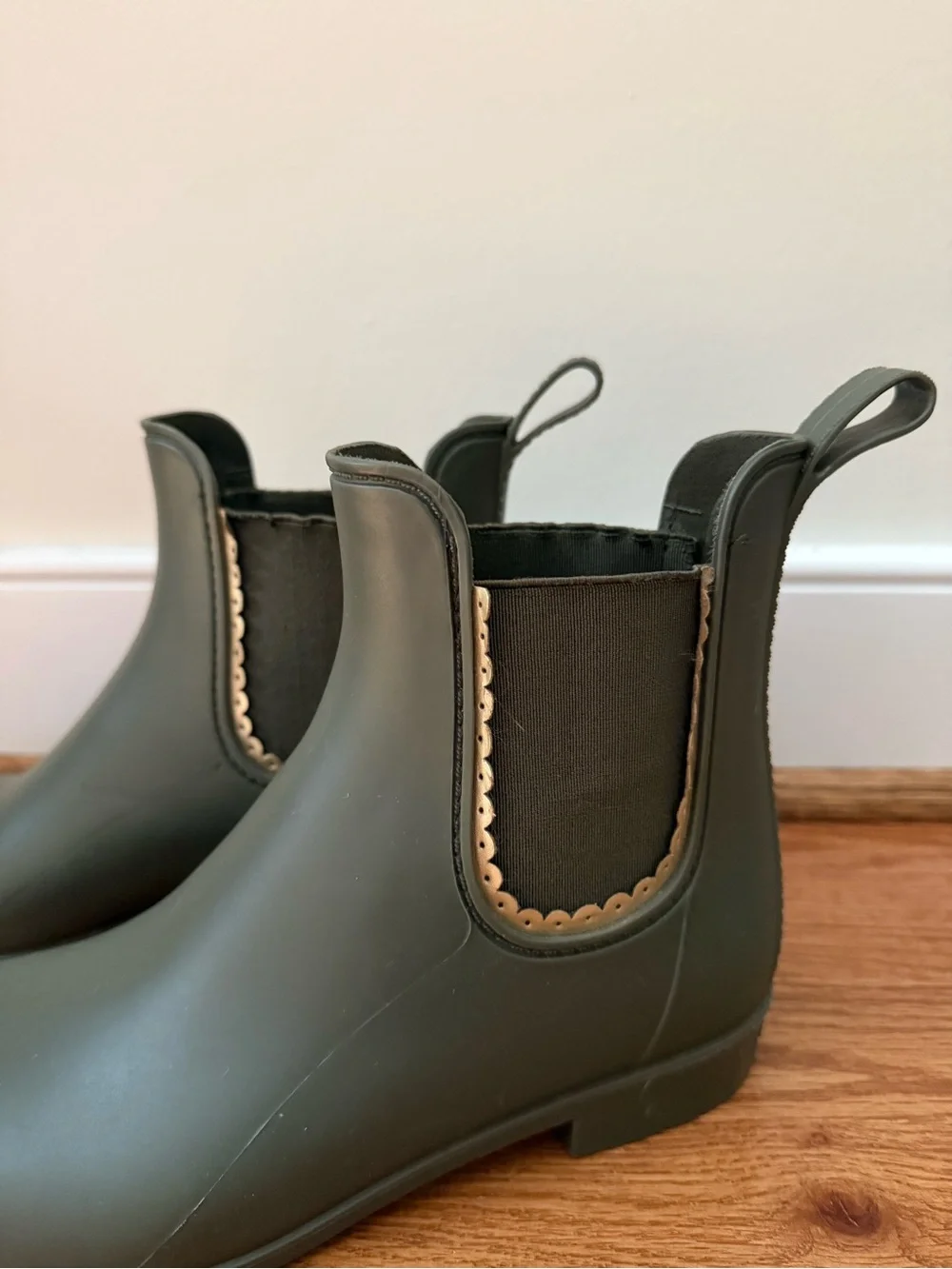 Jack Rogers Olive Green Chelsea Rain Ankle Boots with Gold Scalloped Trim